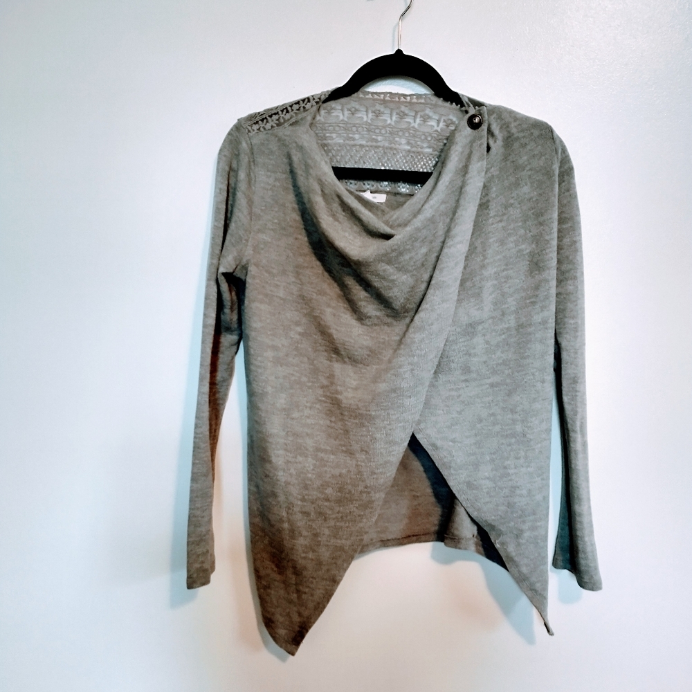 Maurice grey cardigan that has a draped from that be be worn open or buttoned. S